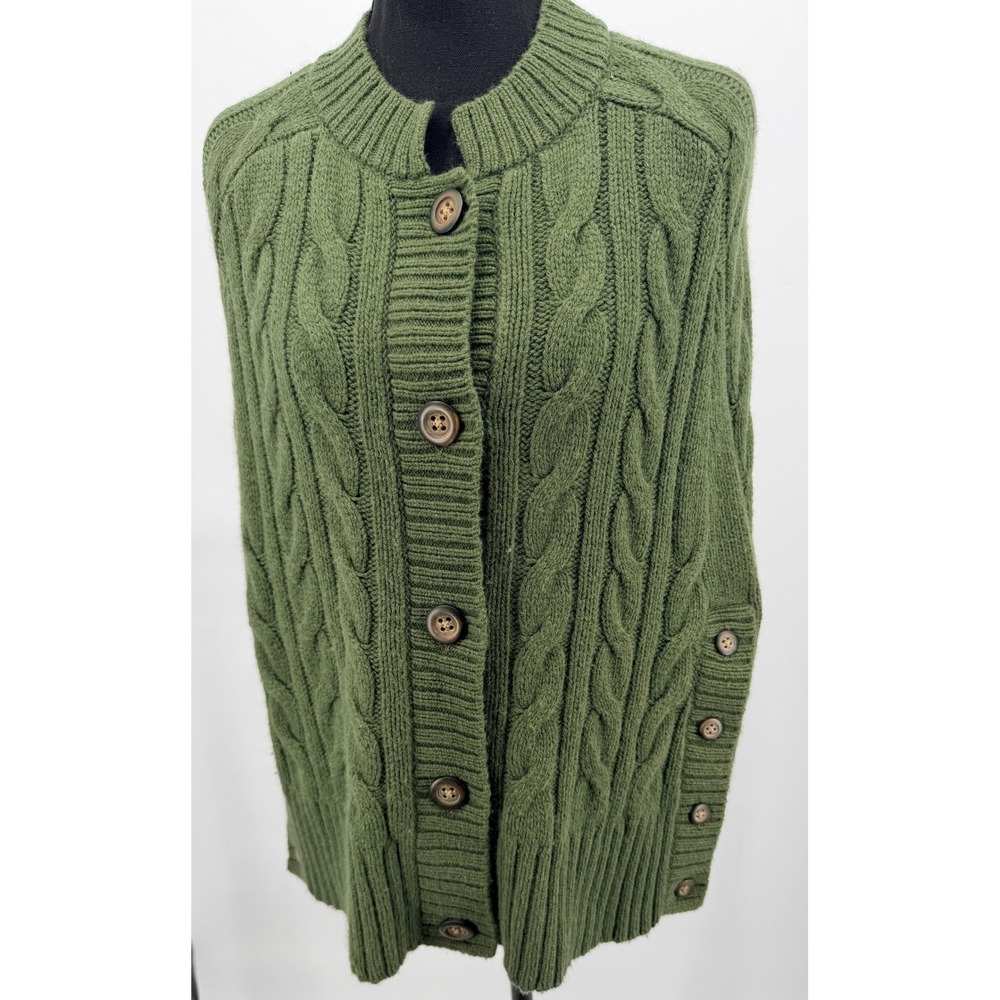 Banana Republic Cape Women XS Green Good Wool Angora Cable Knit Button Poncho